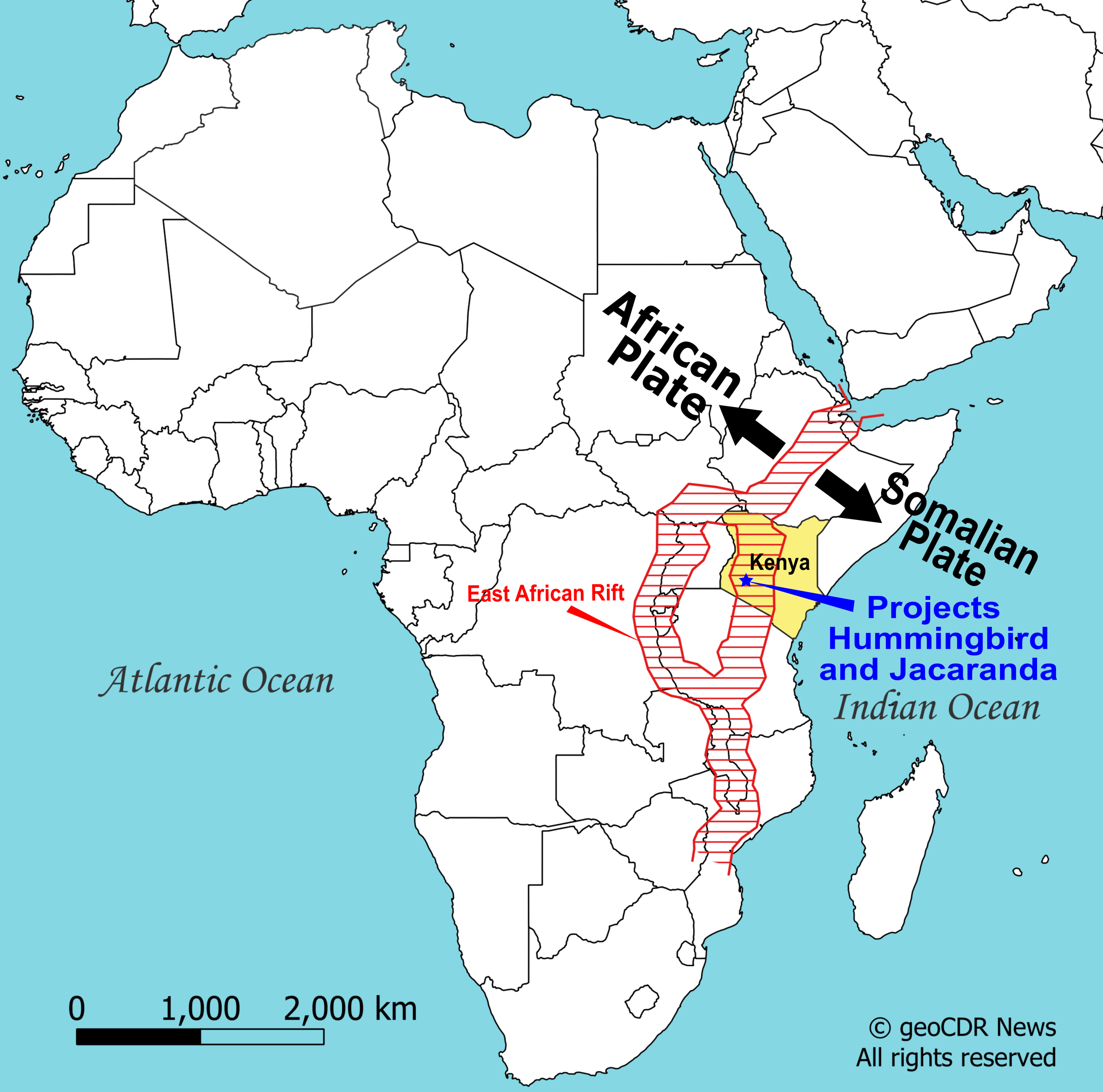 Map showing locations of Kenya's active DACCM projects in East African Rift.