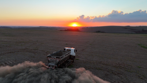 Aerial view of spreading rock dust on a Terradot project in Brazil.